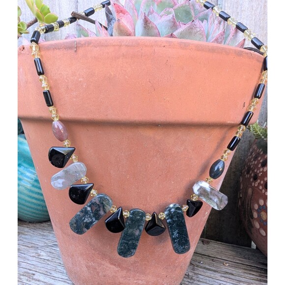 Vintage Moss Agate Beaded Stone Necklace - Picture 1 of 16
